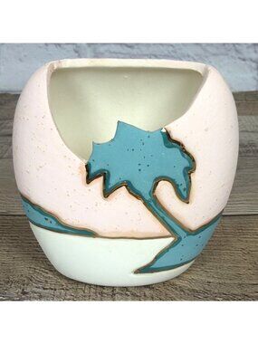 Vintage Pink Green Palm Tree Sand Art Pottery Candle Holder 24k Gold Trim Unused